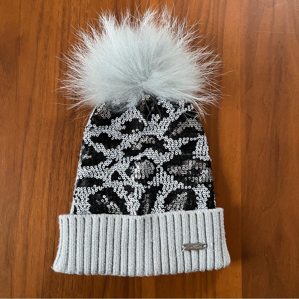 BARI LYNN | Leopard sequin hat with fur Pom pom